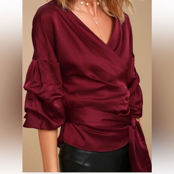 Burgundy Sheer Wrap Top Sz M Tiered Statements Sleeves elastic cuffs - Picture 3 of 11